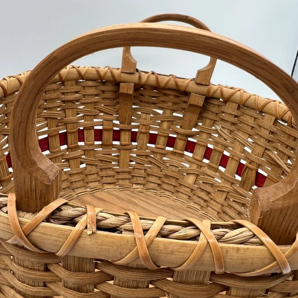 Handmade Round Woven Basket Wood Base Red Accent Band Bentwood Handles 11in